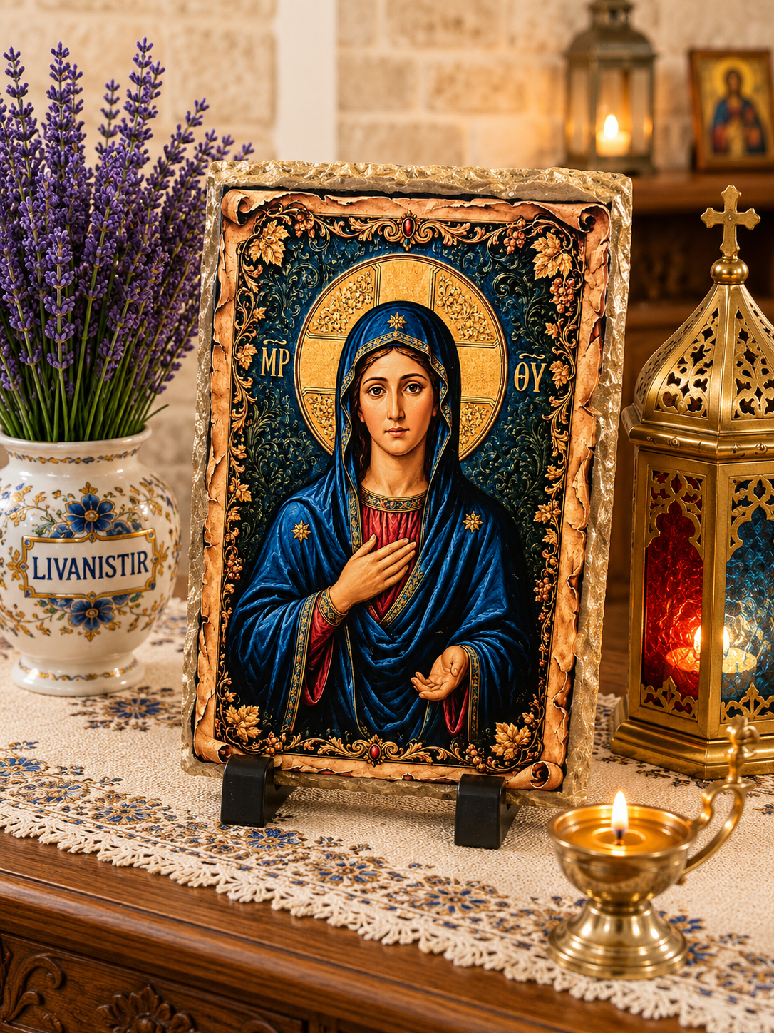 Virgin Mary Orthodox Icon on Natural Slate Plaque