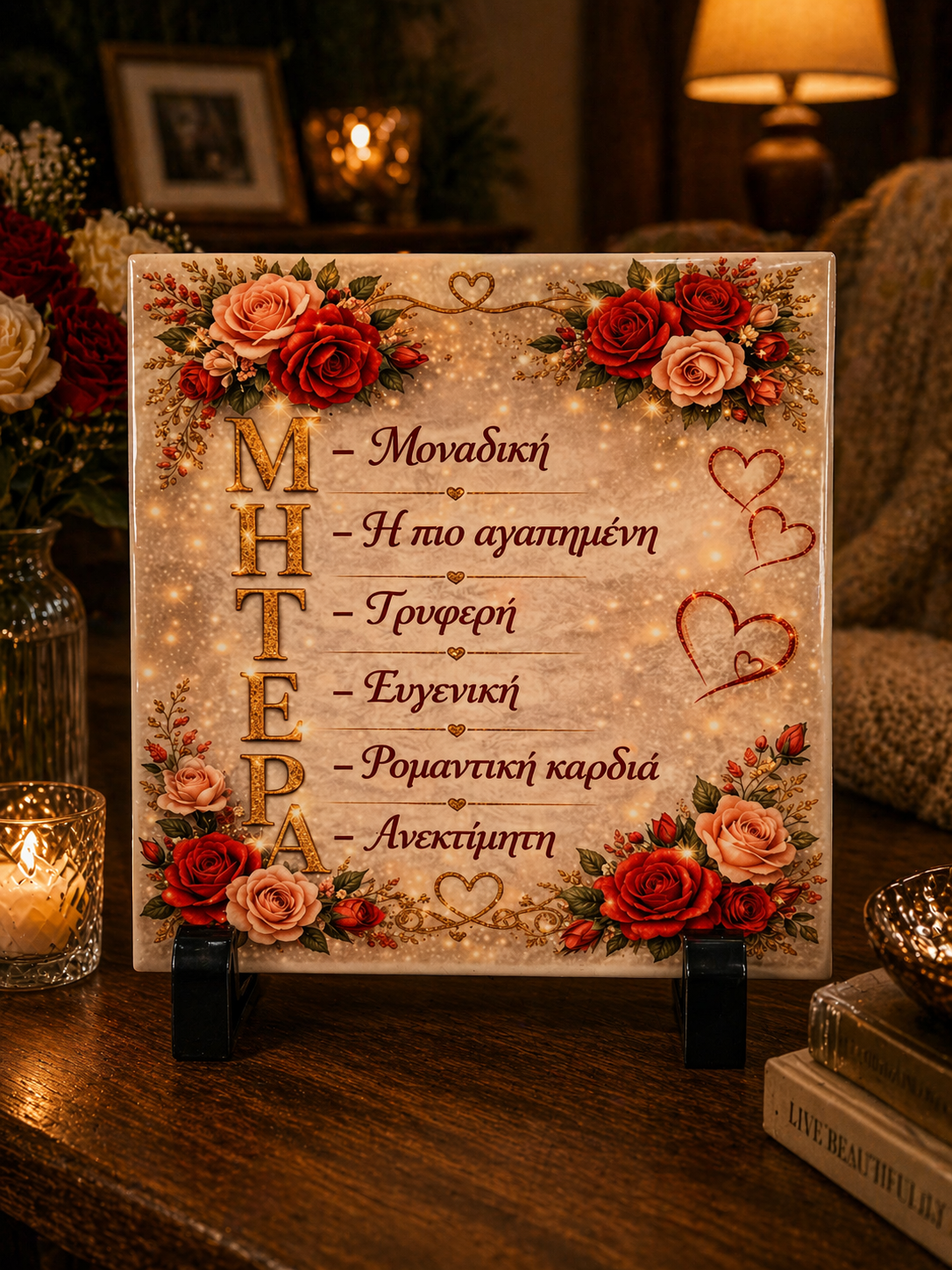 “MHTERA (Mother)” Greek Meaning Plaque – Floral Decorative Gift for Mum