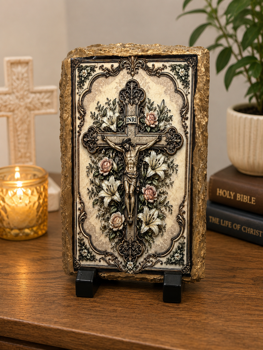 Crucifix with Floral Cross Religious Slate Plaque