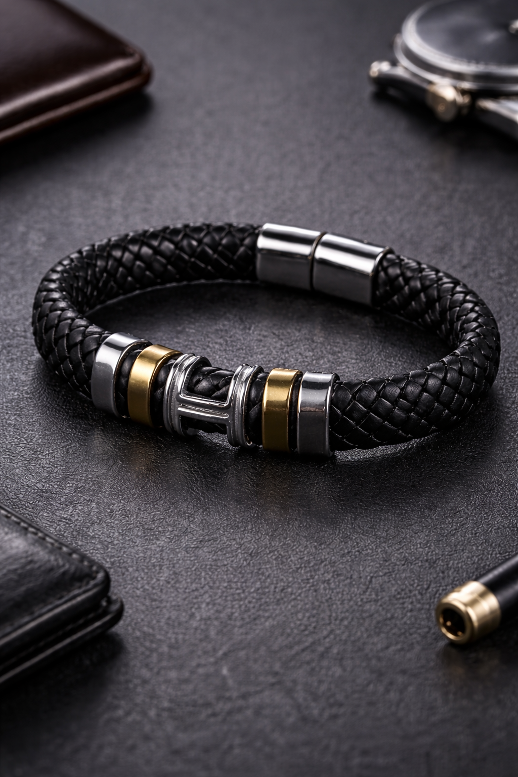 Men's Classic Braided Faux Leather Bracelet with Magnetic Clasp