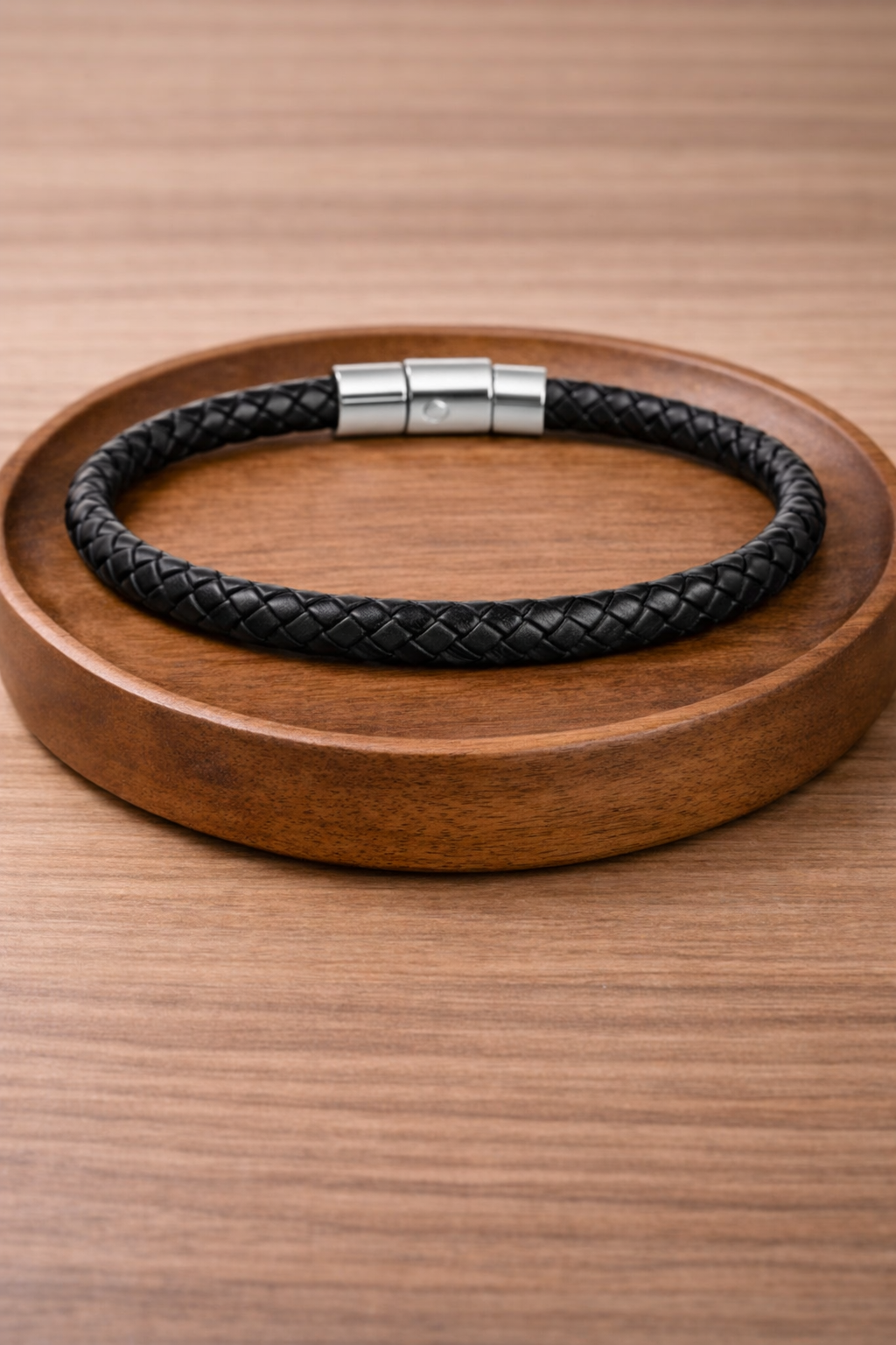 Men's bracelet (Braided Black Leather Bracelet with Stainless Steel Clasp) (Code 6-41,42,43,44,45)