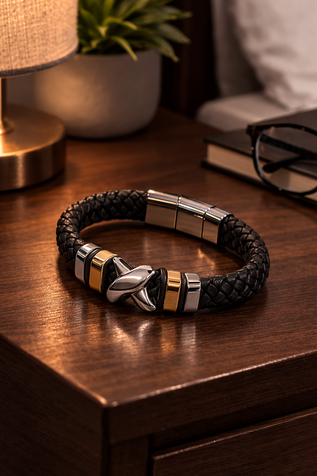 Braided Bracelet for Men – Silvery & Golden Accent Cuff