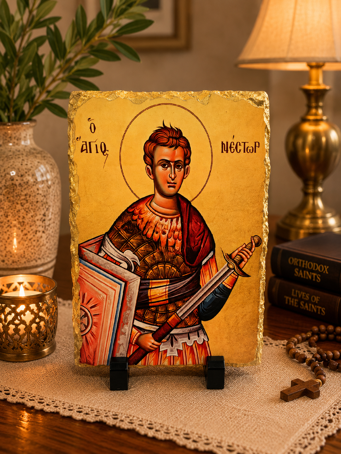 Saint Nestor Orthodox Icon on Stone Plaque