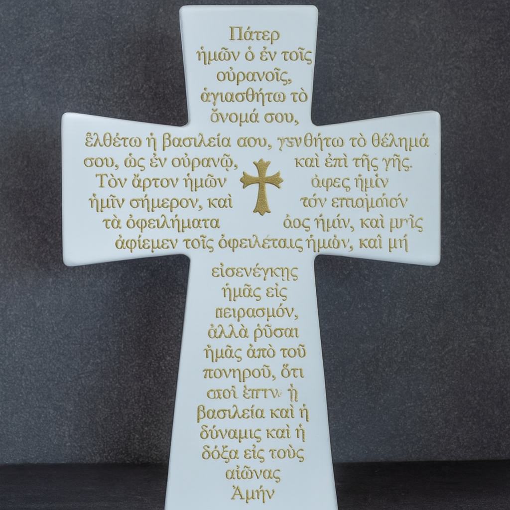 Greek Lord's Prayer Cross – White and Gold