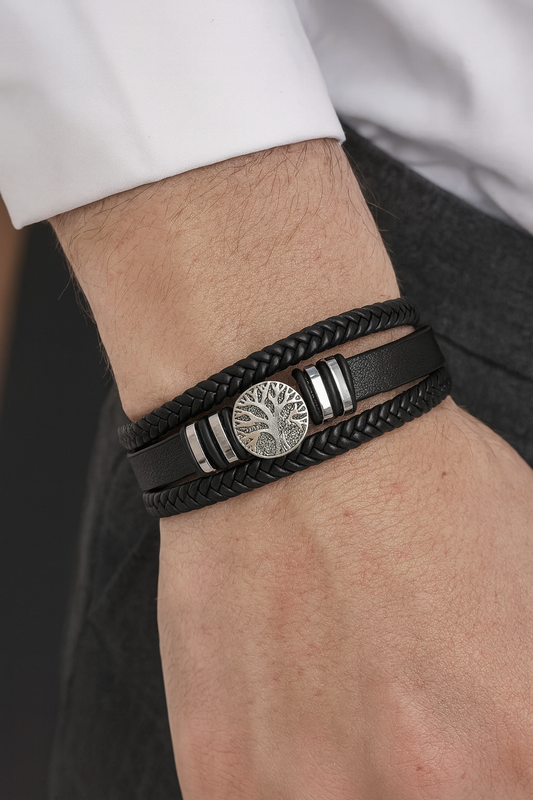 Men's Handcrafted Woven Faux Leather Bracelet – Tree of Life Charm & Magnetic Clasp