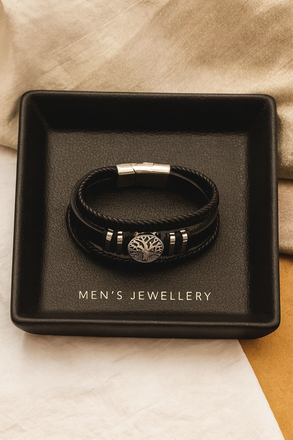 Men's Handcrafted Woven Faux Leather Bracelet – Tree of Life Charm & Magnetic Clasp