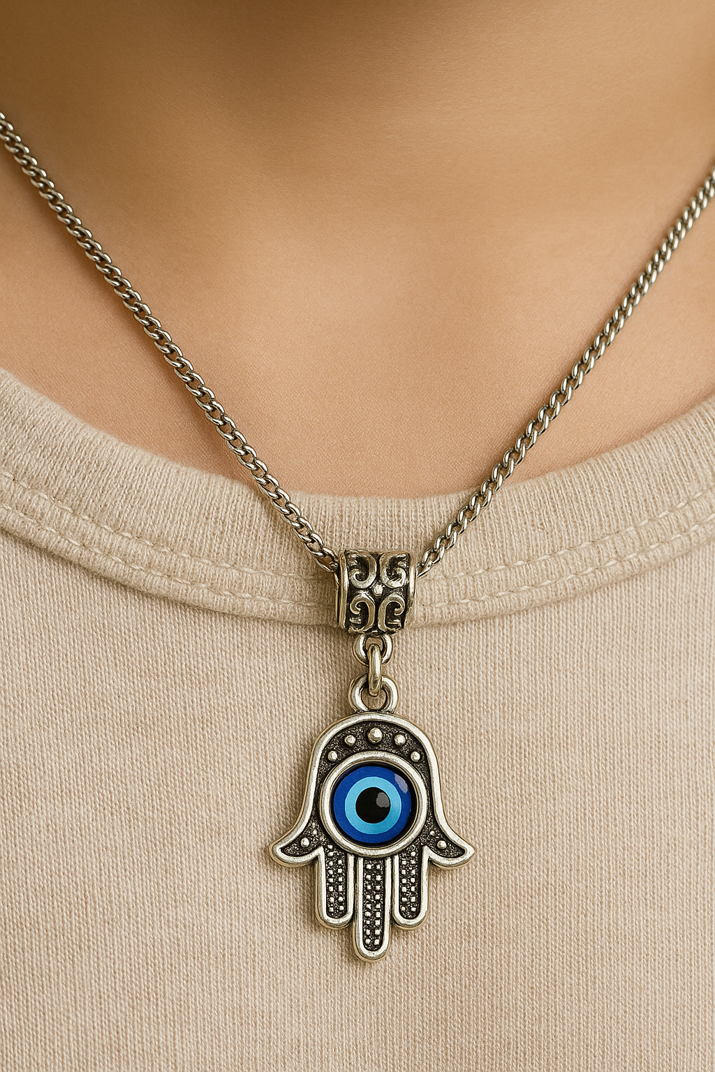 Cutout Blue Eye Hamsa Pendant Box Chain Necklace