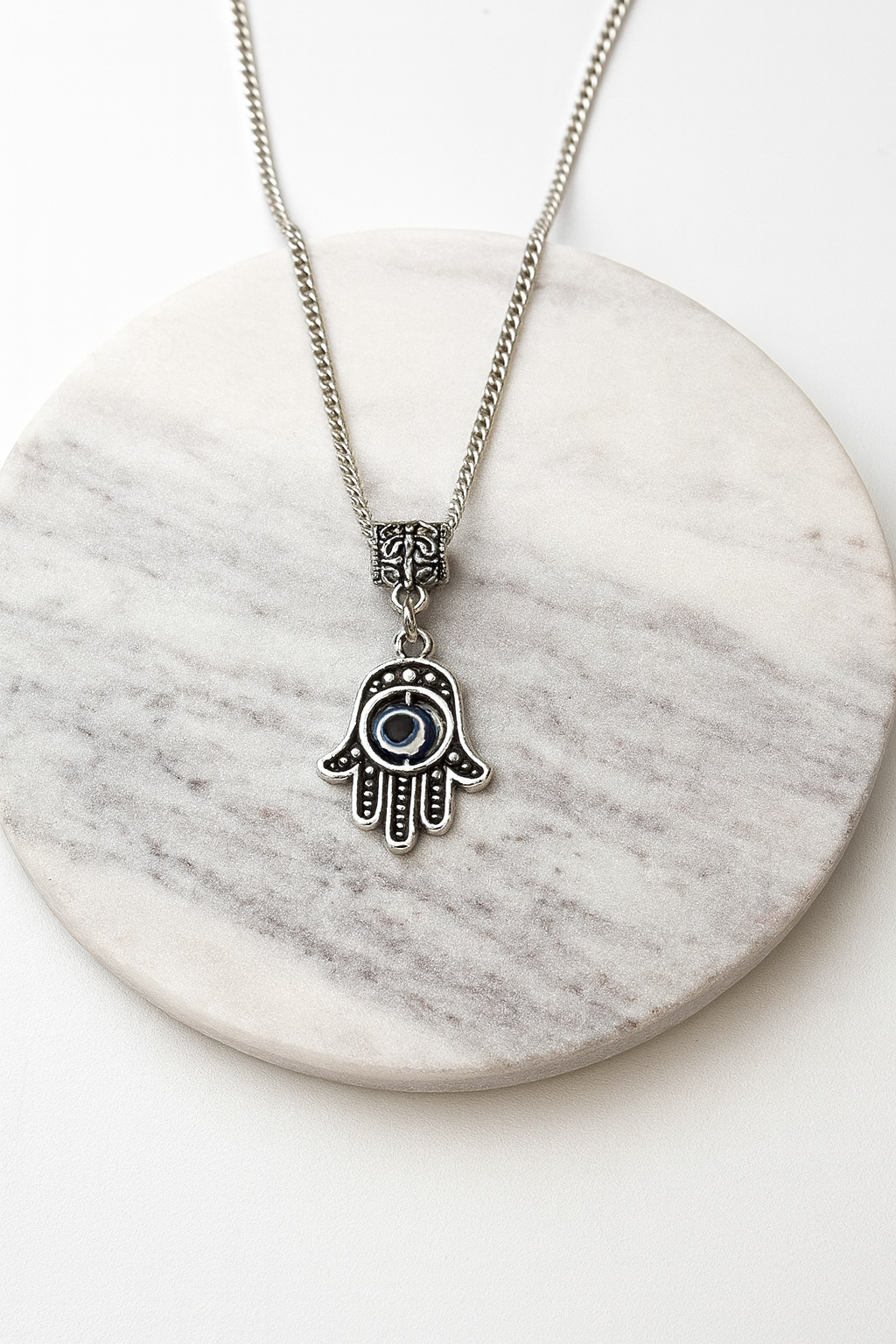 Cutout Blue Eye Hamsa Pendant Box Chain Necklace