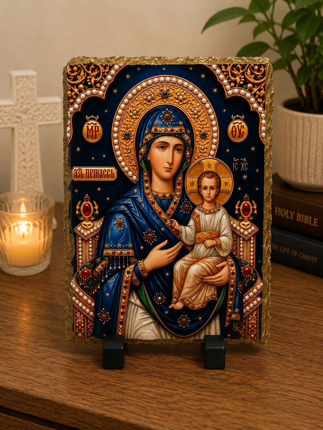 Virgin Mary and Christ Child Orthodox Icon Slate Plaque