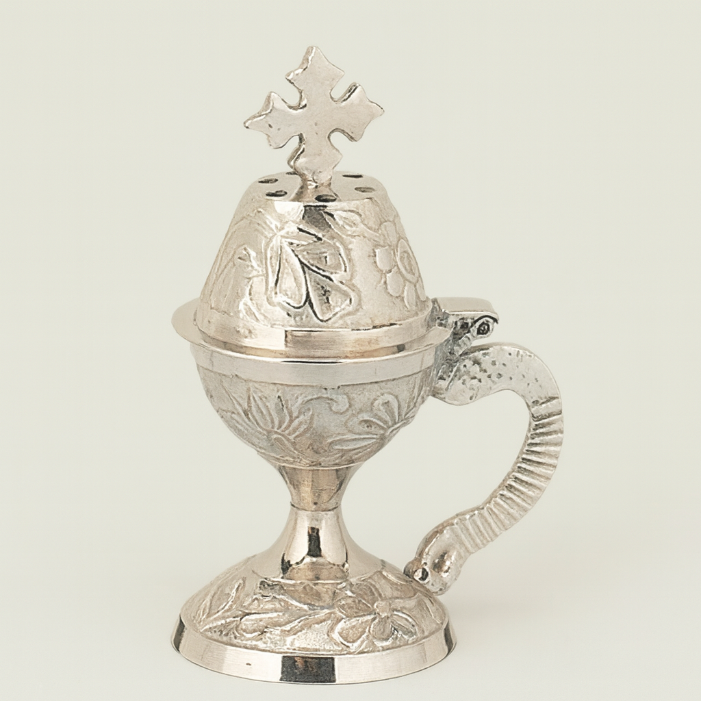 Silver-Plated Orthodox Incense Burner with Cross Lid