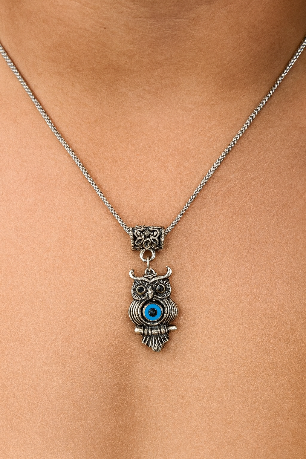 Cutout Blue Eyes Owl Pendant Necklace