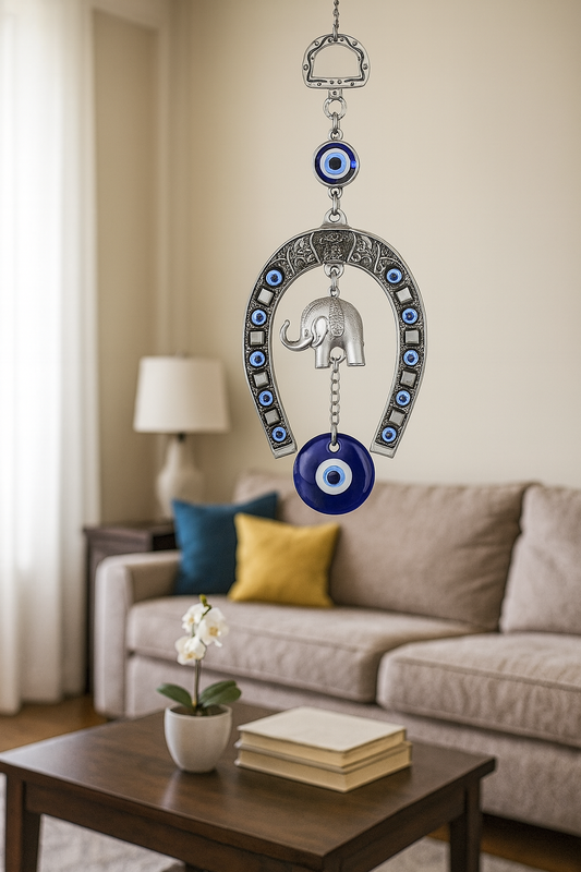 Blue Evil Eye Amulet with Elephant &amp; Horseshoe Charms – Alloy Car Hanging Decor