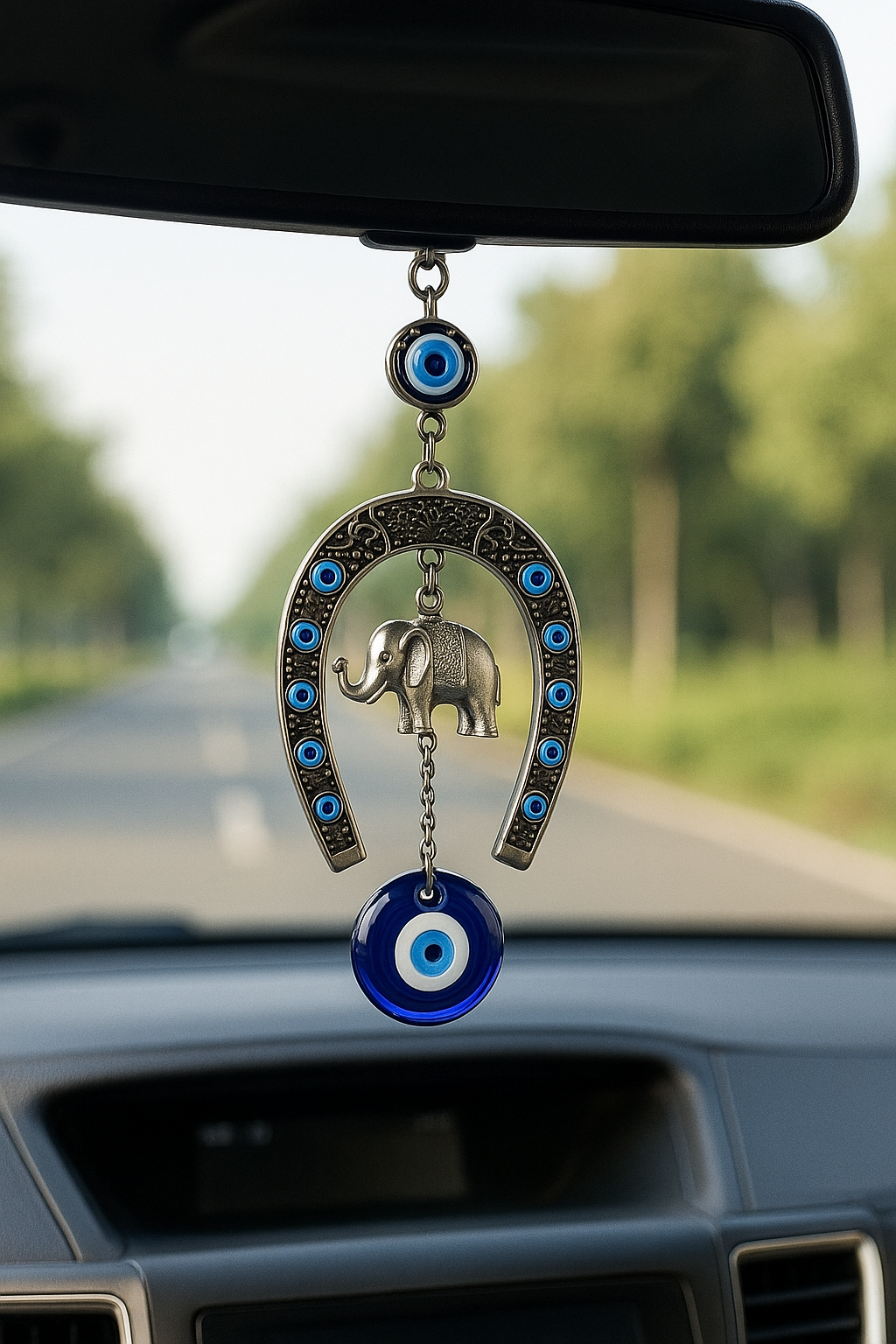 Blue Evil Eye Amulet with Elephant &amp; Horseshoe Charms – Alloy Car Hanging Decor