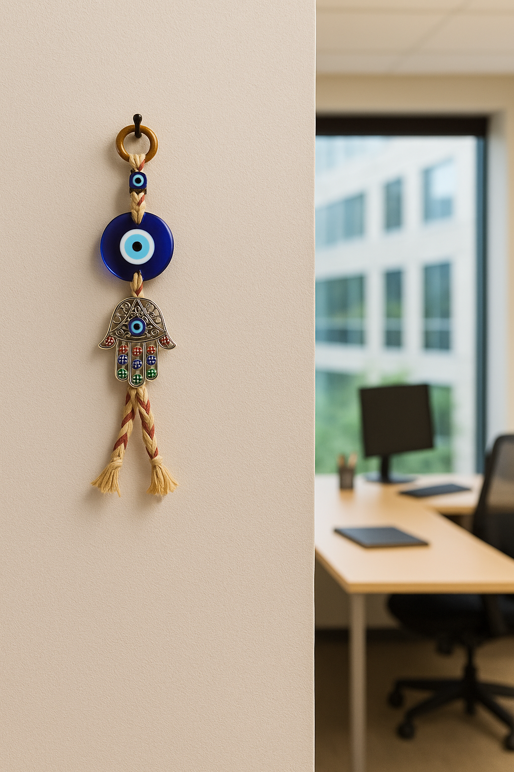 Blue Glass Evil Eye & Silver Hamsa Hand Hanging Charm – 27 cm