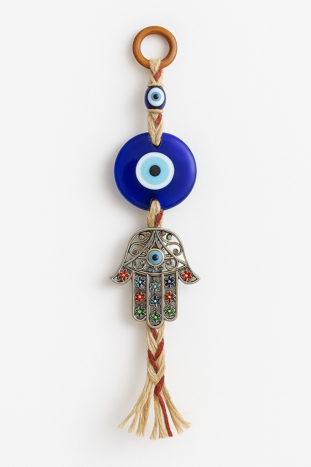 Blue Glass Evil Eye & Silver Hamsa Hand Hanging Charm – 27 cm
