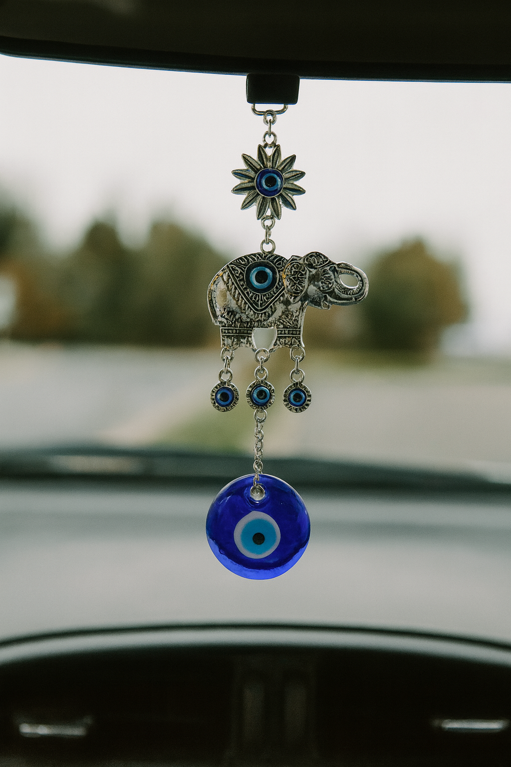 Round Evil Eye Bead Charm with Elephant Metal Pendant