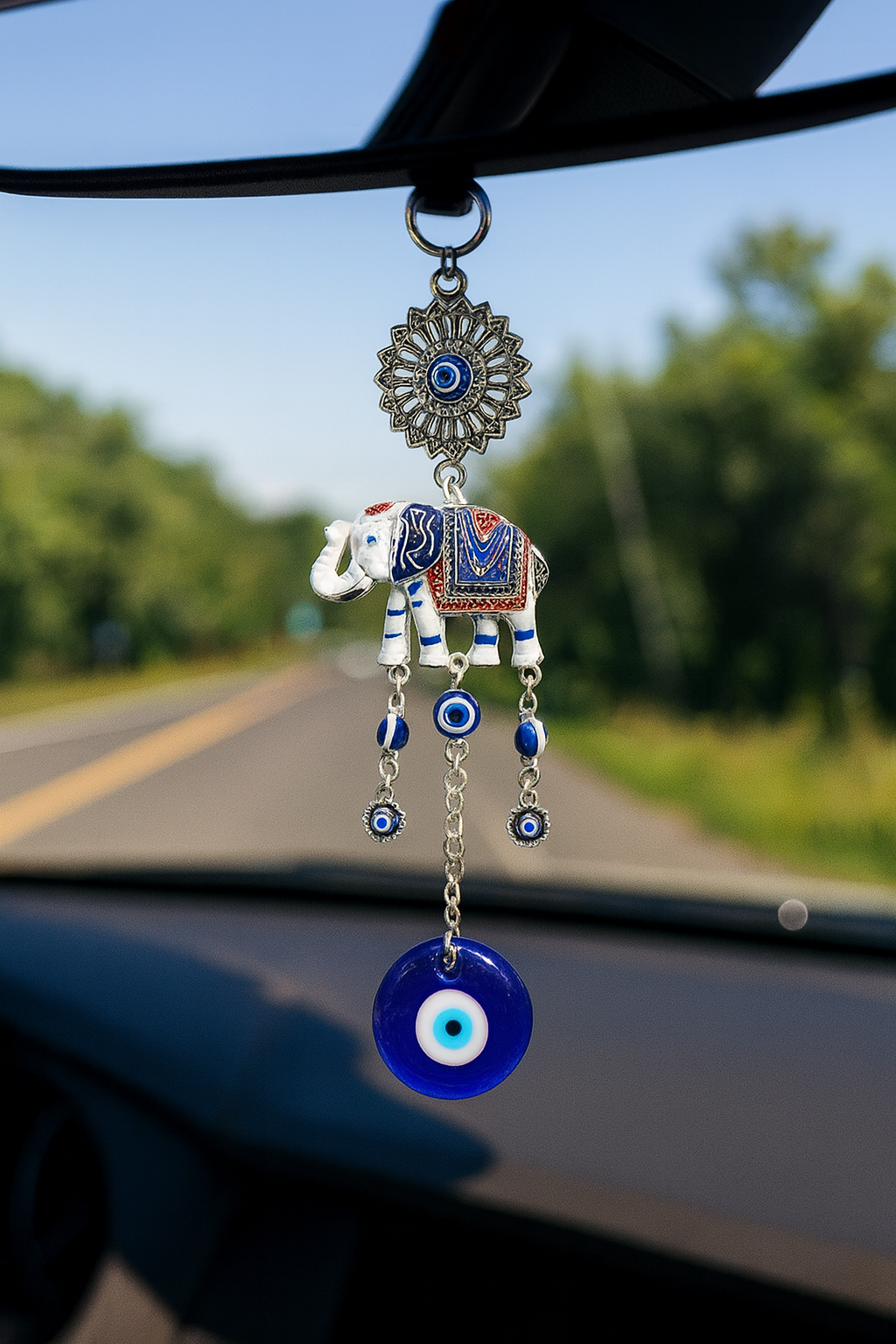 Round Evil Eye Bead Decoration Charm with Elephant Metal Pendant