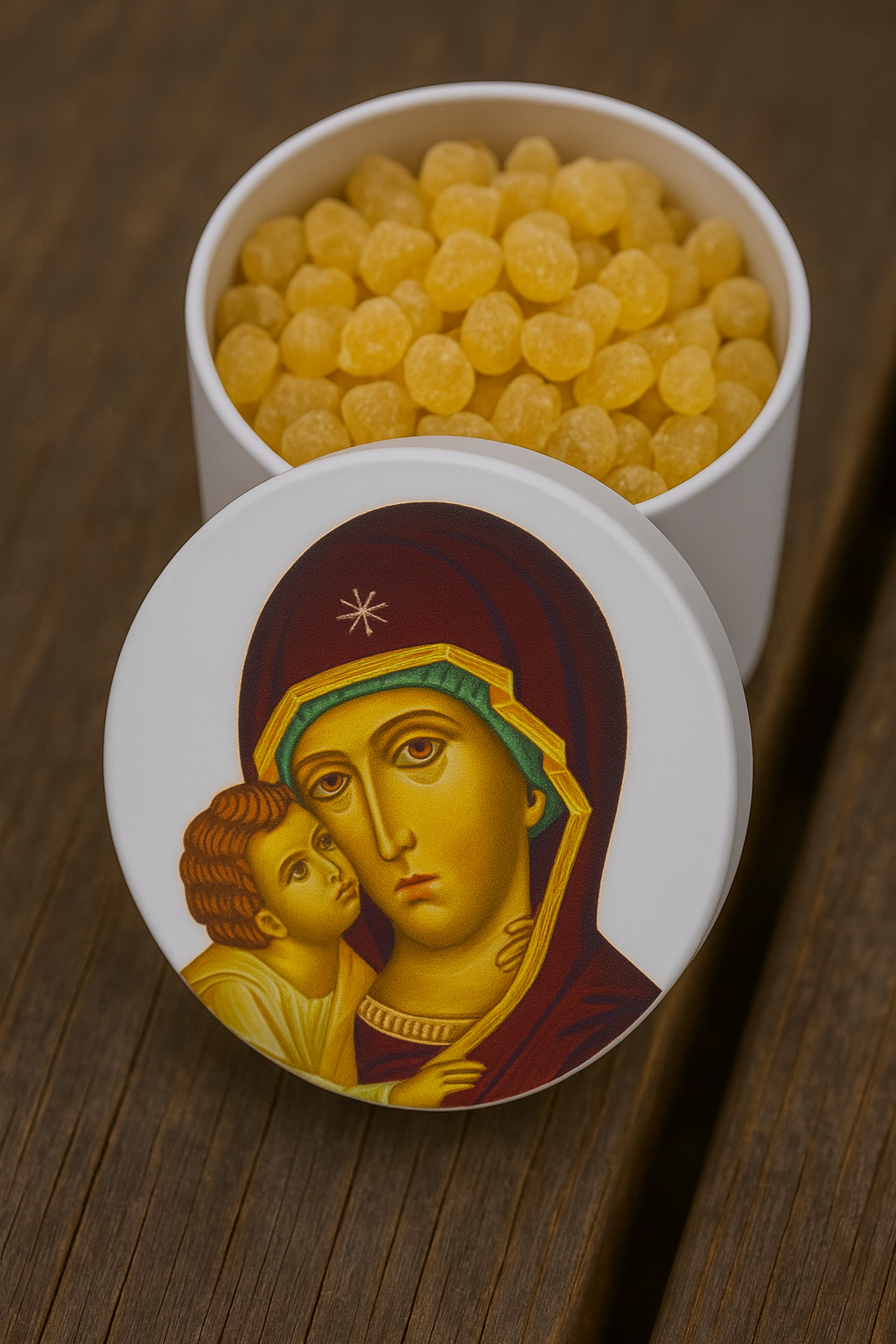 Round White Aluminum Favor Tin with Holy Mother & Child Image – 68mm x 50mm