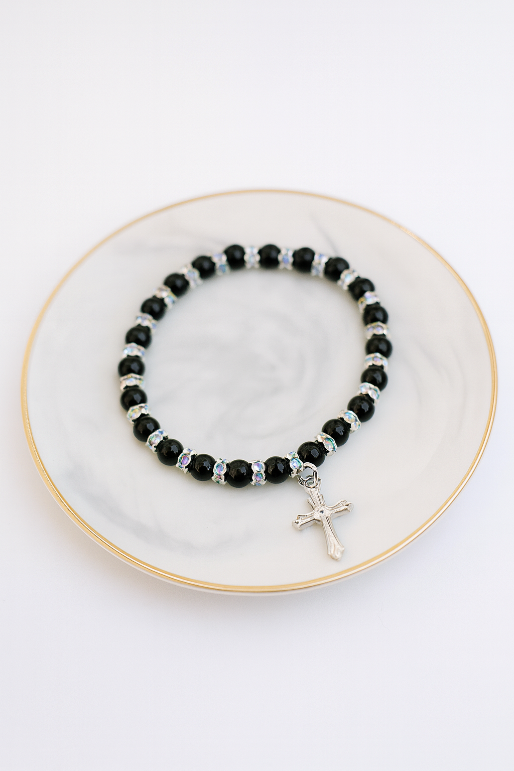 Black Beaded Elastic Bracelet with Silver Cross