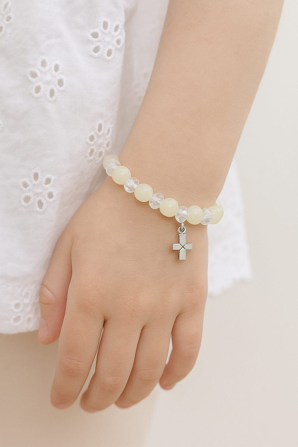 Ivory Acrylic Bead Elastic Bracelet with Silver Cross – 50mm