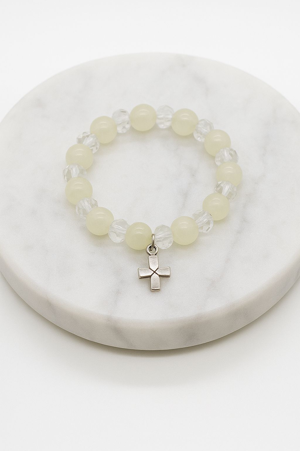 Ivory Acrylic Bead Elastic Bracelet with Silver Cross – 50mm