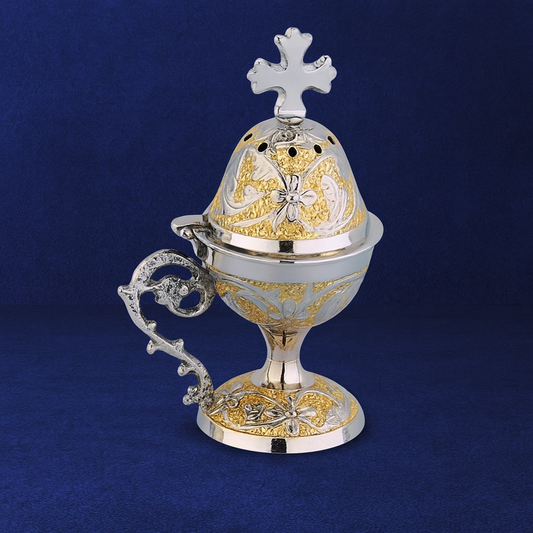 Silver & Gold Orthodox Table Censer – Θυμιατό Τραπεζίου | Ornate Incense Burner with Cross"