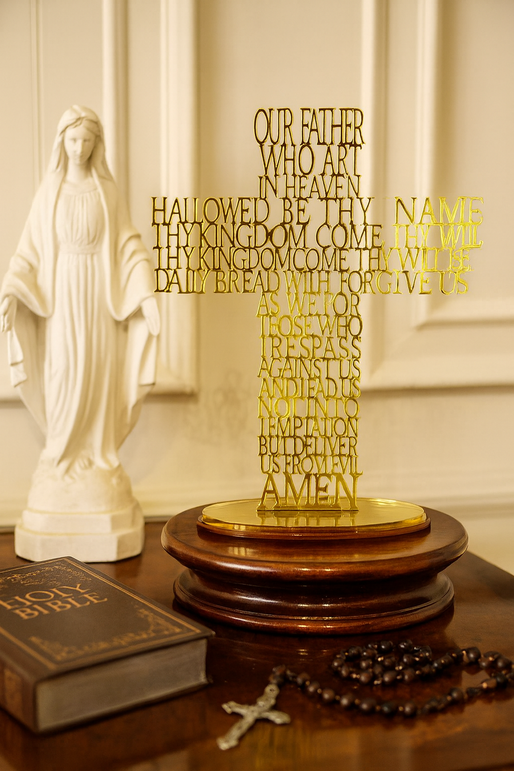 old Mirror Acrylic Stand with Cut-Through “Our Father” Prayer & Cross