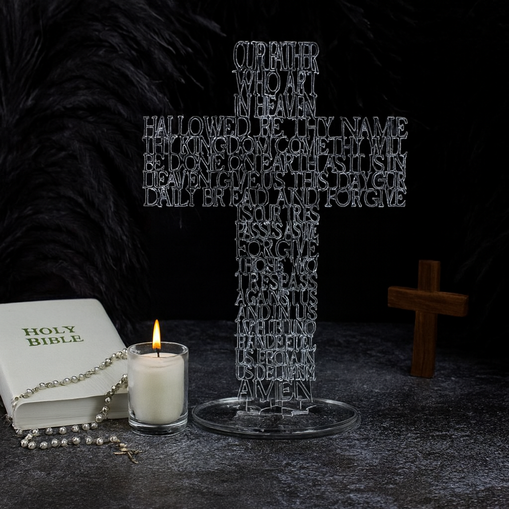 old Mirror Acrylic Stand with Cut-Through “Our Father” Prayer & Cross