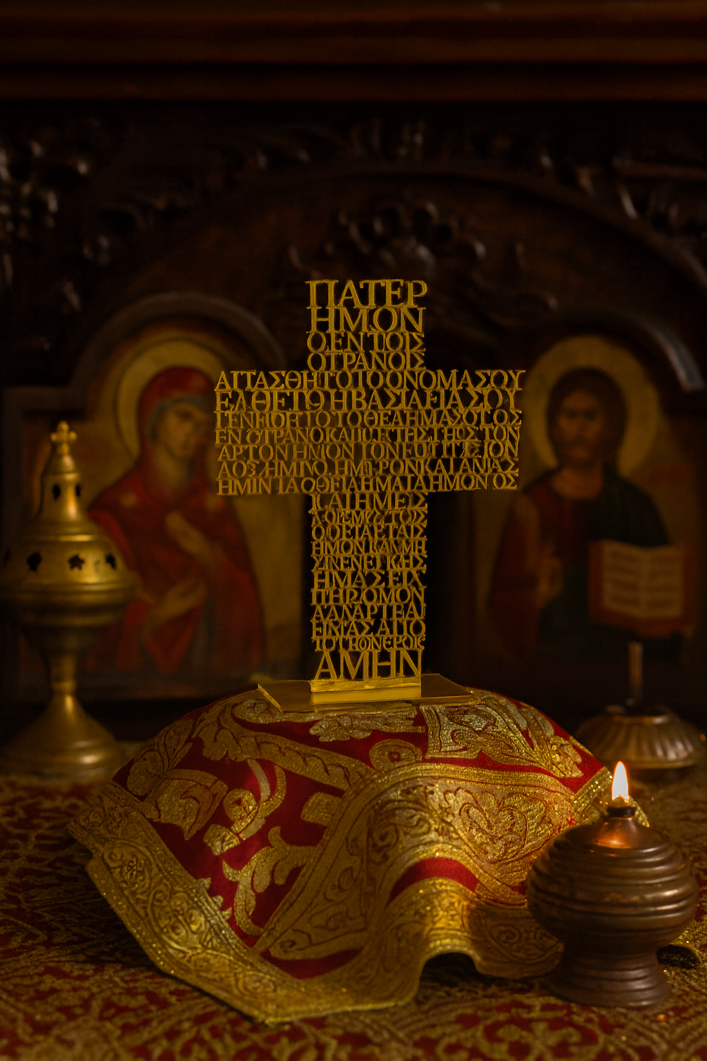 old Mirror Acrylic Stand with Cut-Through “Our Father” Prayer & Cross