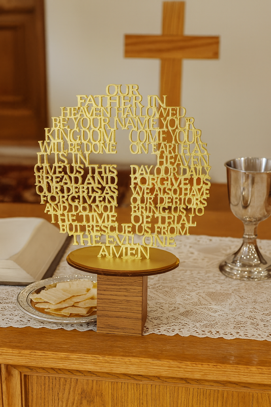old Mirror Acrylic Stand with Cut-Through “Our Father” Prayer & Cross