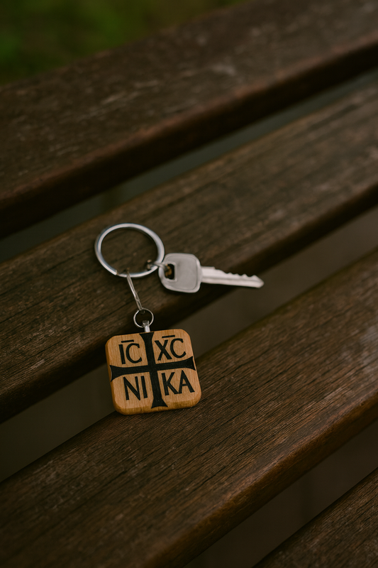 Square Wooden Orthodox Symbol Key Ring 4x4