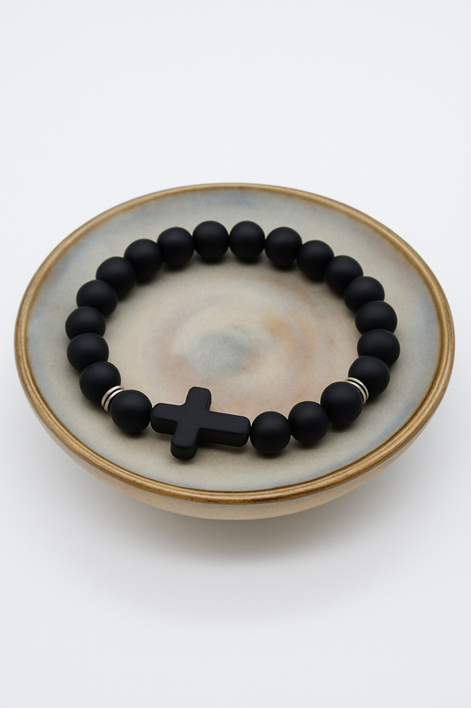 White Acrylic Beads Elastic Kids Bracelet with Ivory Cross & Black