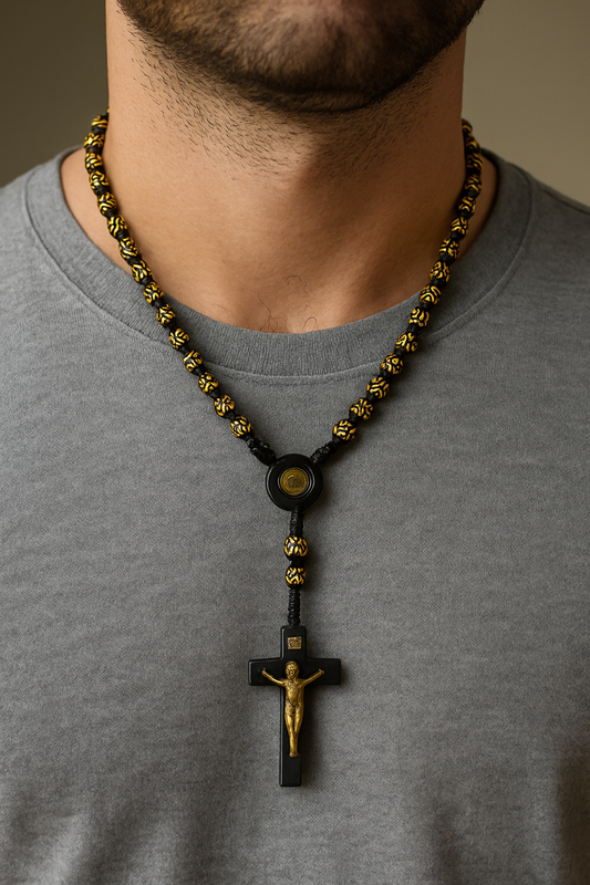 Elegant Black Acrylic Bead Rosary With Gold Cross