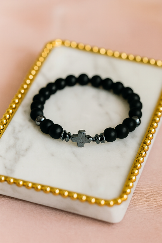 Black Beaded Bracelet with Cross Charm – Elastic Fit