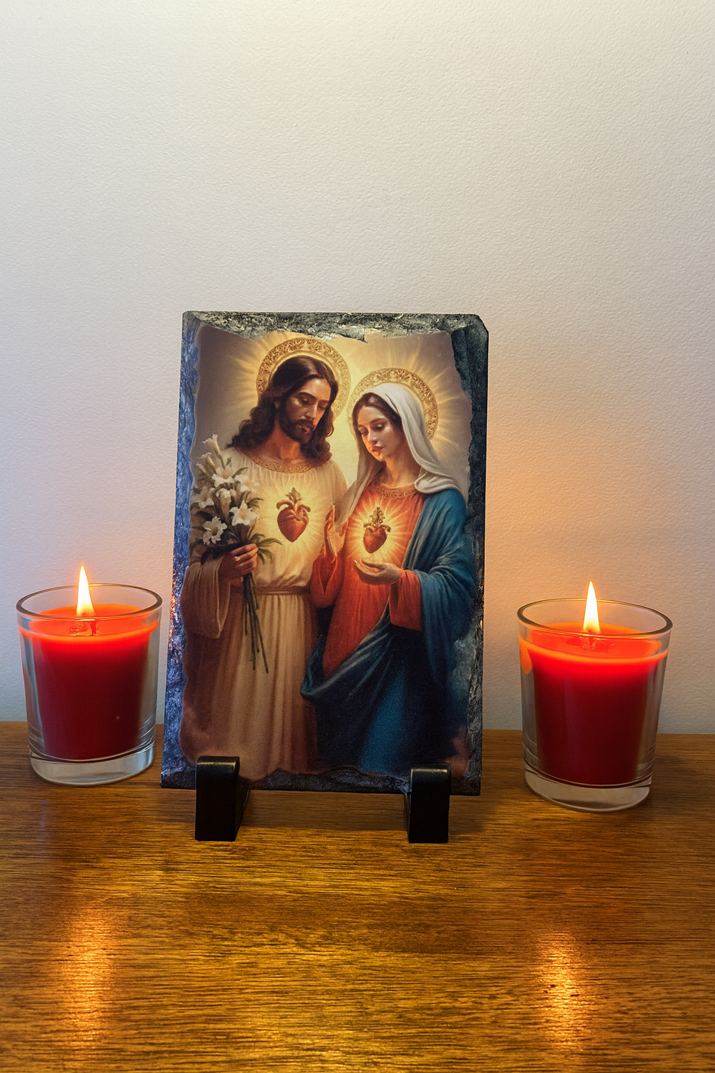 Sacred Heart of Jesus and Immaculate Heart of Mary Icon – Stone Plaque