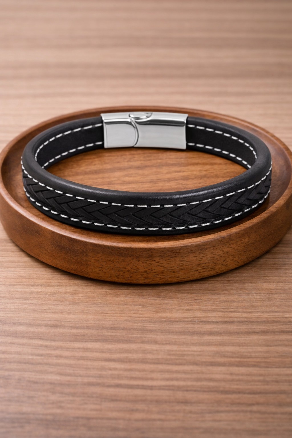 Men's bracelet (Braided Black Leather Bracelet with Stainless Steel Clasp) (Code 6-41,42,43,44,45)