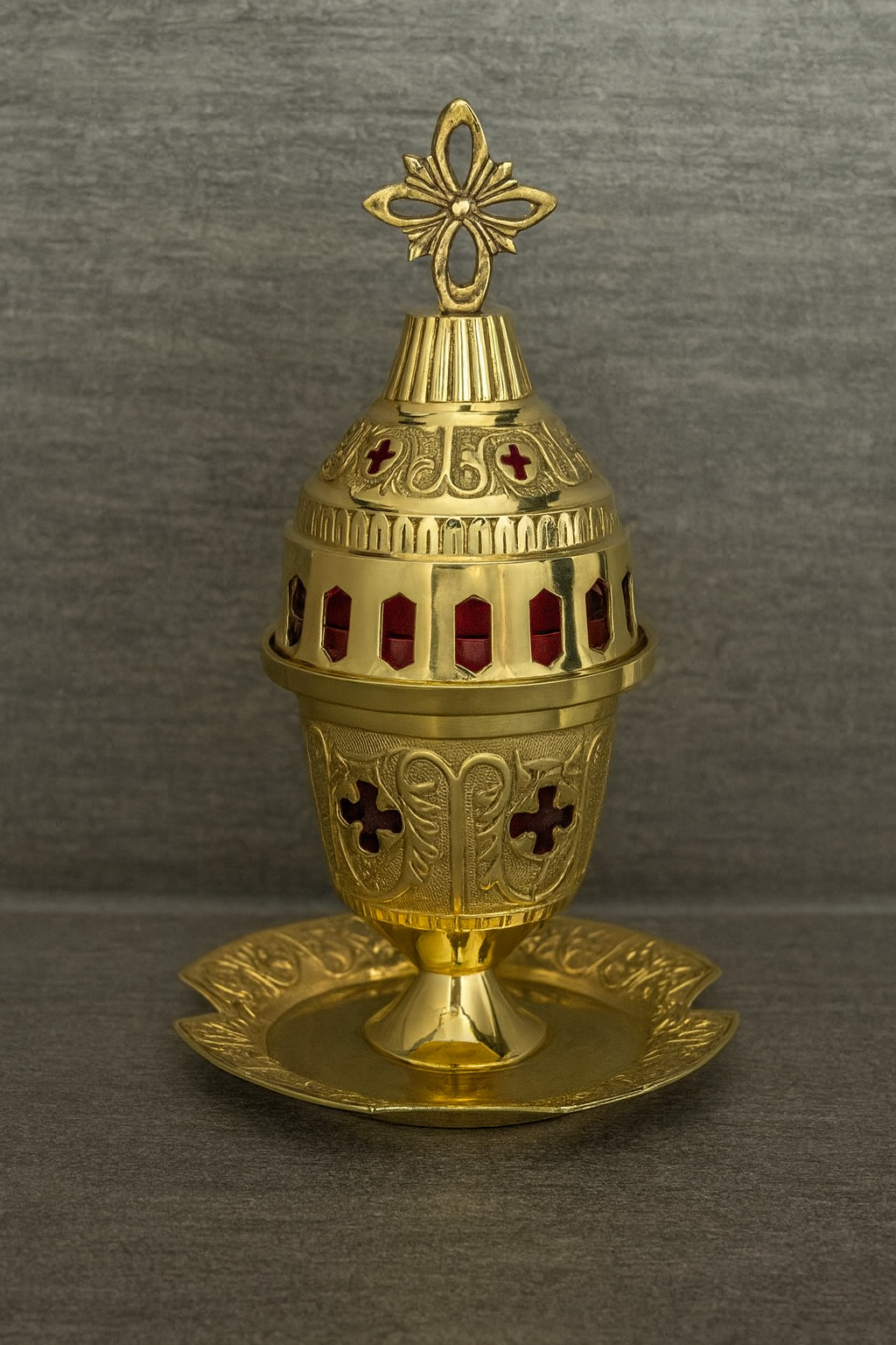 Orthodox Standing Vigil Lamp – Καντήλι Επιτραπέζιο | Brass Oil Lamp with Red Glass