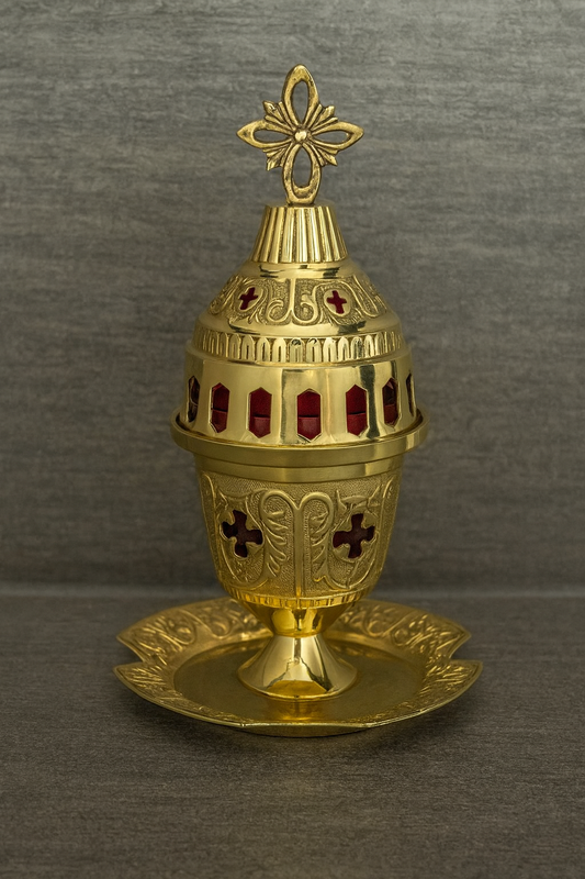 Orthodox Standing Vigil Lamp – Καντήλι Επιτραπέζιο | Brass Oil Lamp with Red Glass