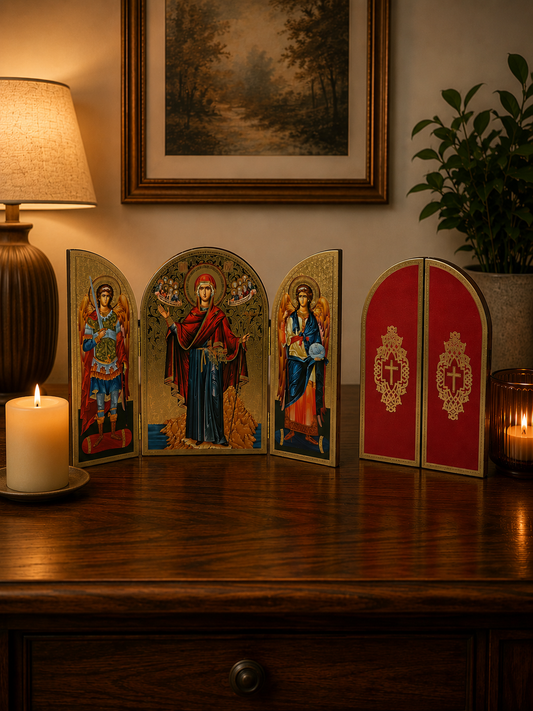 Greek Orthodox Triptych Icon with Guardian Angels – Handcrafted in Greece