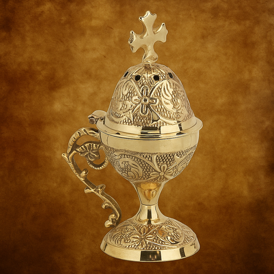 Brass Orthodox Table Censer – Θυμιατό Τραπεζίου | Ornate Incense Burner with Cross