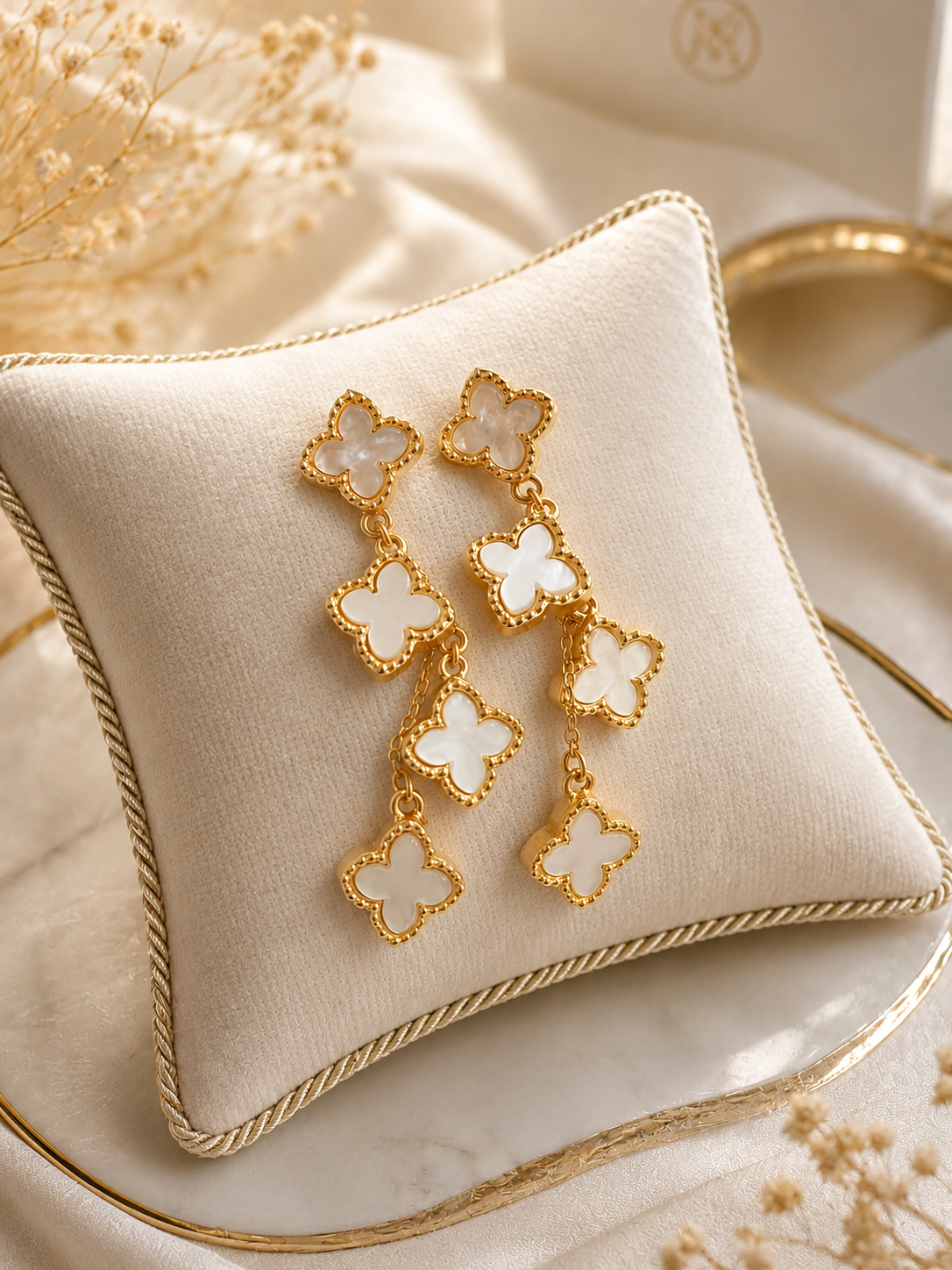 Clover Cascade Drop Earrings – Gold & White ( E 4 )