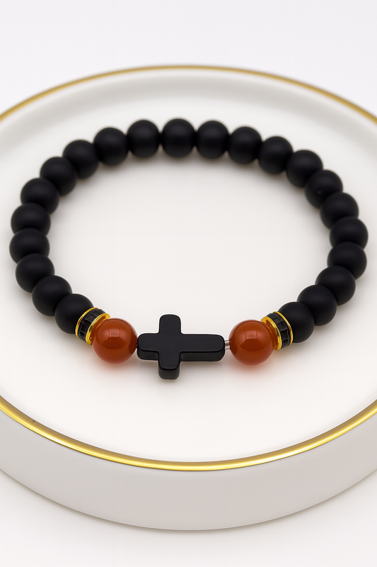 Kids Black Elastic Bracelet with Acrylic Beads & Cross Charm