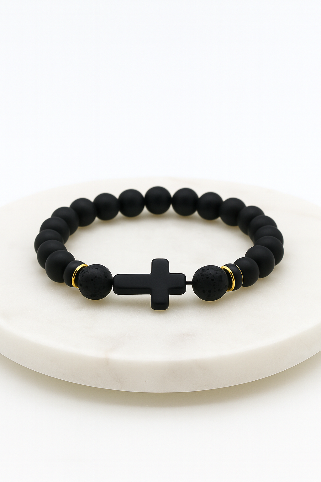Kids Black Elastic Bracelet with Acrylic Beads & Cross Charm