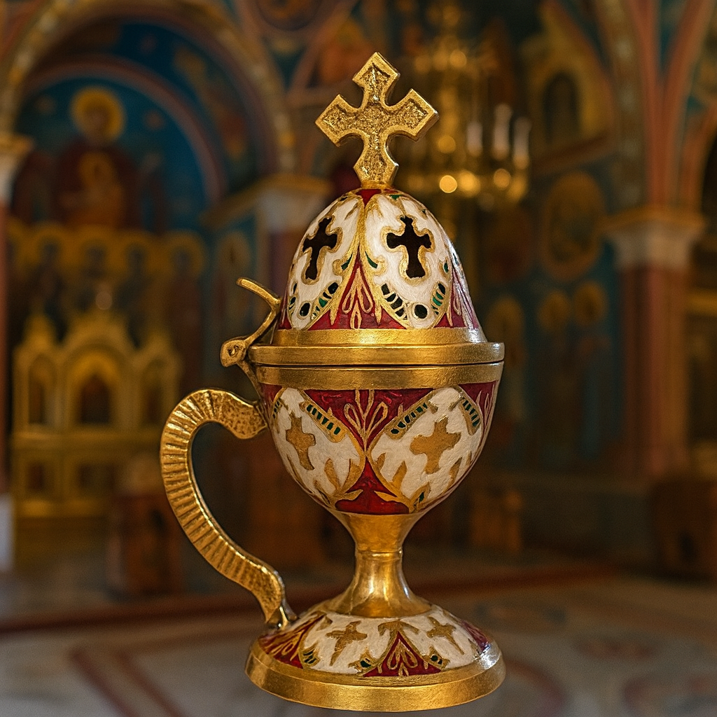 Ornate Enamel Egg Chalice with Cross Lid