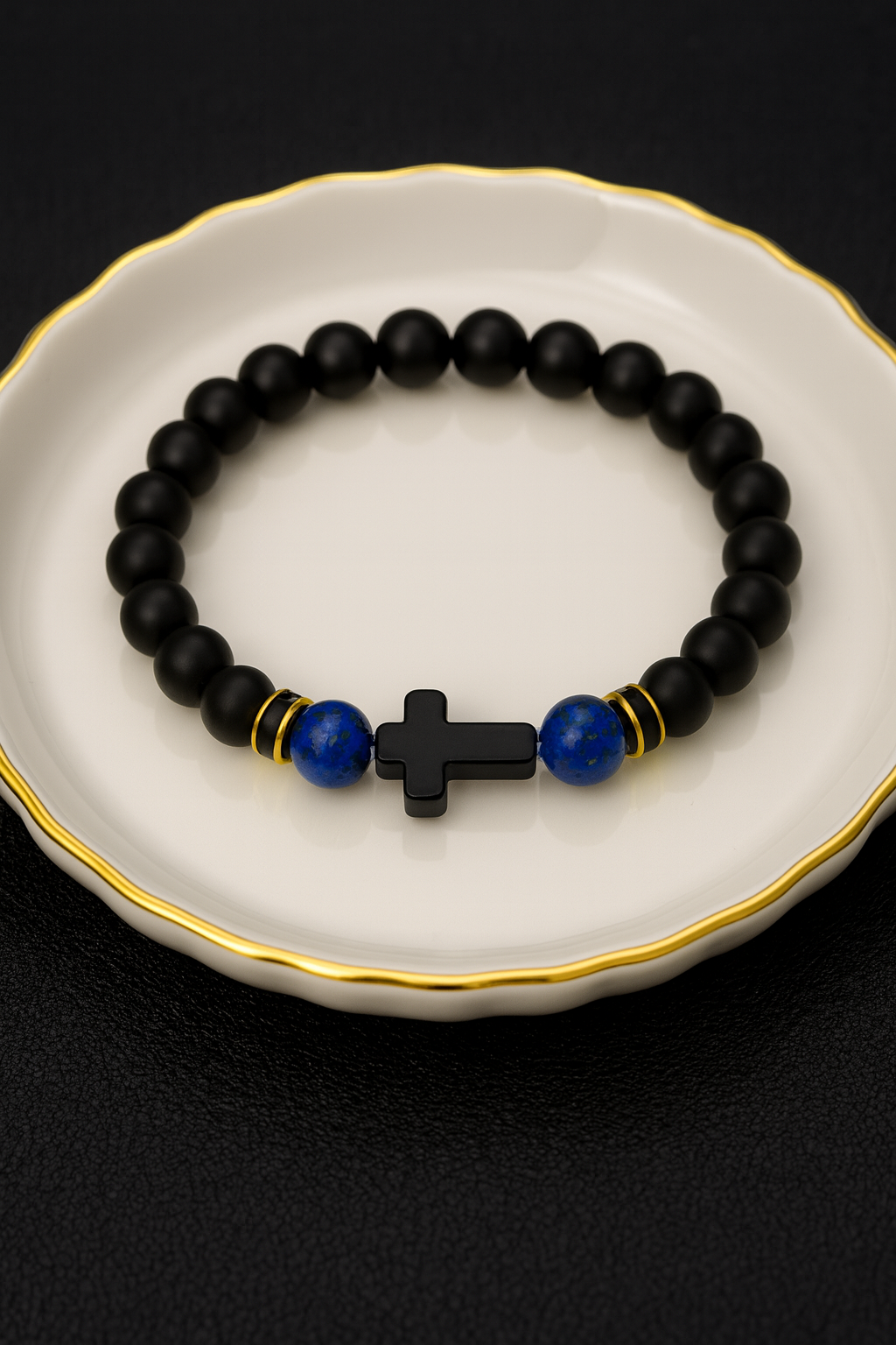 Kids Black Elastic Bracelet with Acrylic Beads & Cross Charm