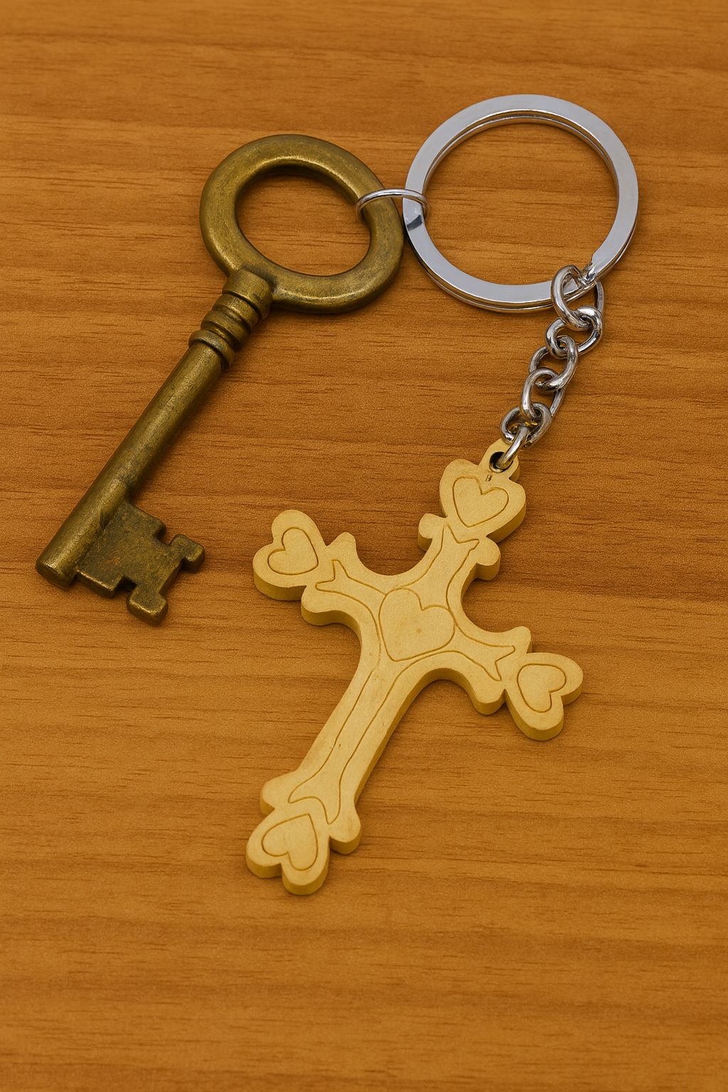 Natural Colour Wooden Cross Key Ring – 45 x 65 mm