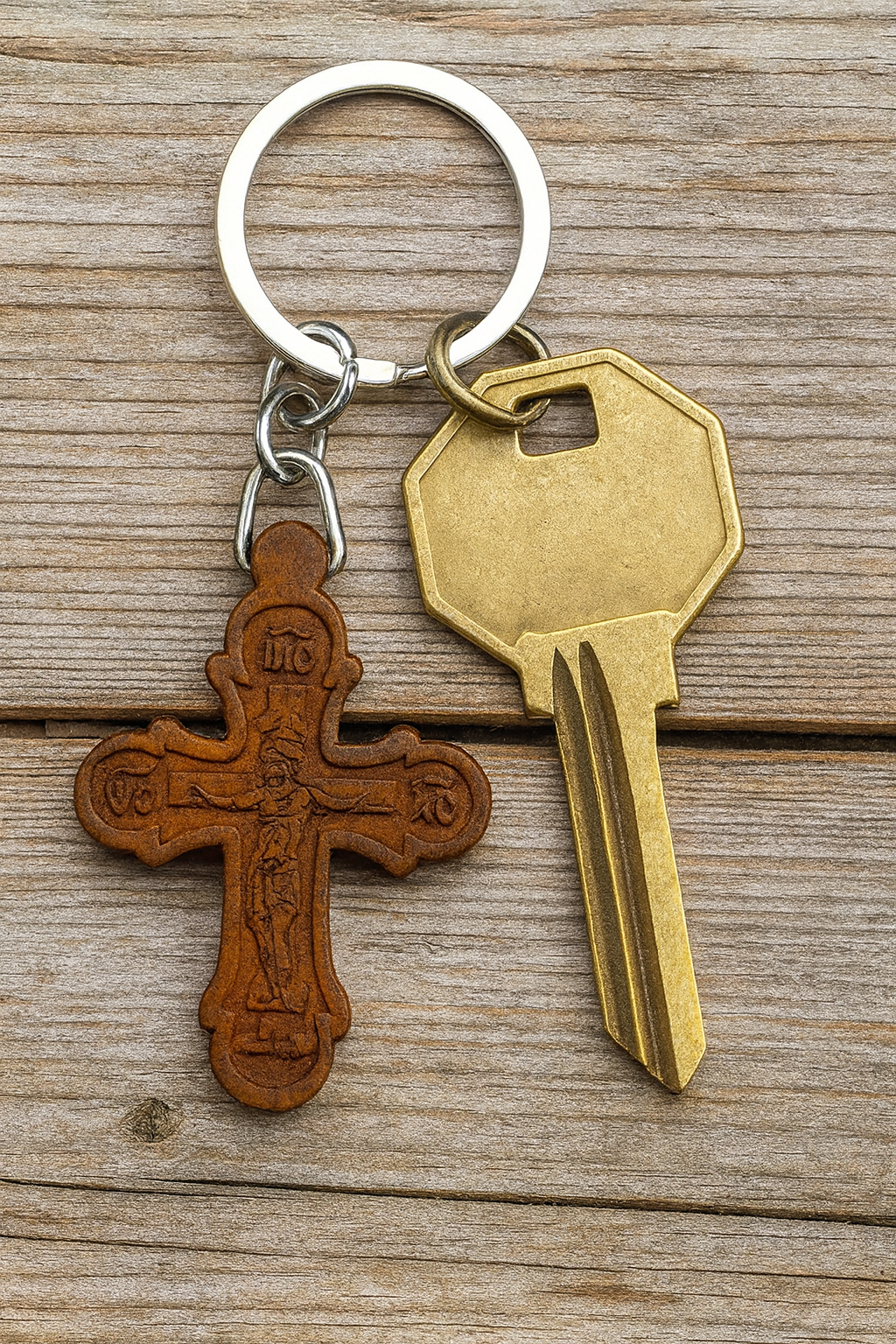 Dark Brown Wooden Orthodox Cross Silver Key Ring – 35 x 50 mm