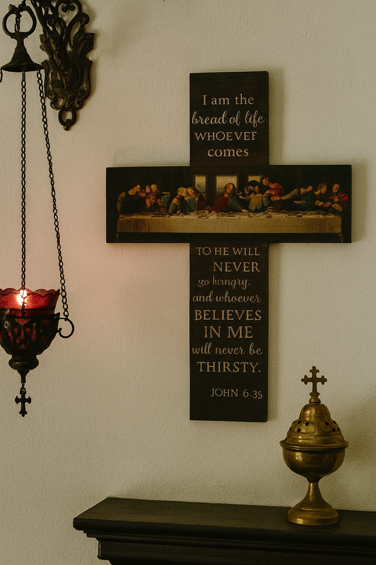 Brown Wooden Cross With Last Supper Artwork – 195 x 275 mm