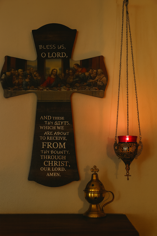 Brown Wooden Cross with Last Supper Image – 200 x 300mm