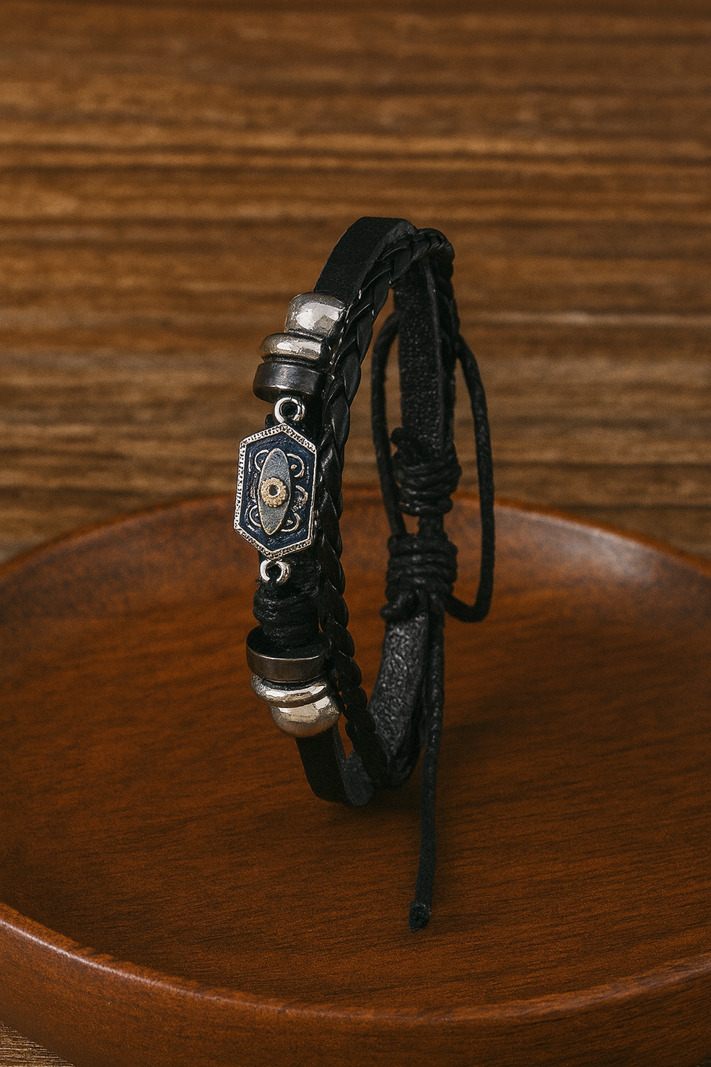Stylish Multi-Layer Braided Faux Leather Men's Bracelet Set – Blue Eye Engraved Design